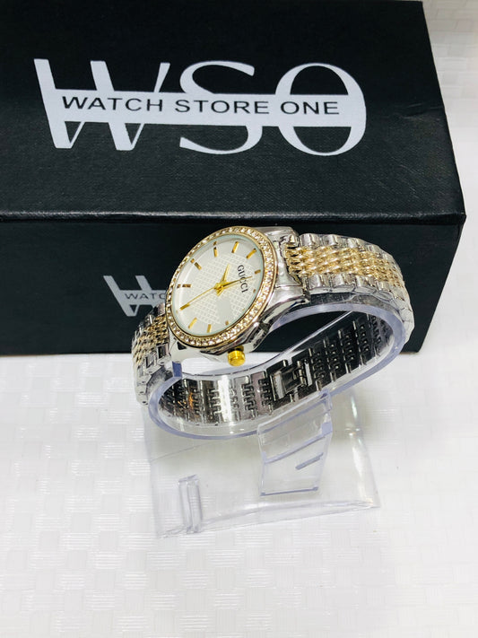 Gucci women premium watch totone white